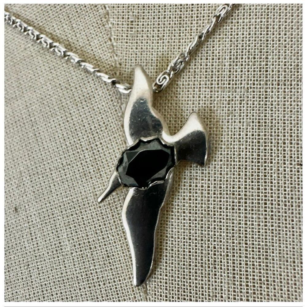 Vintage Modernist Abstract Bird Pendant Necklace Silver Tone Black Faceted Cryst